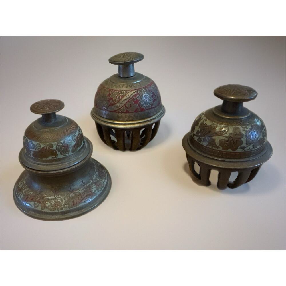 Vintage Indian Brass Elephant Claw Bells Set of 3 Etched Ritual Ghungroo